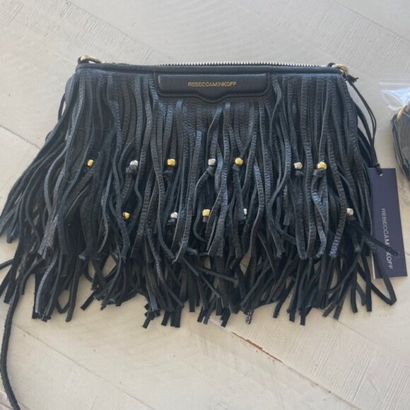REBECCA MINKOFF FINN BEADED FRINGED CROSSBODY BLACK NWT - Picture 1 of 10